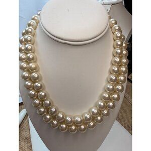 Signed JAPAN Double Strand Faux Pearl Necklace With Rhinestone Clasp - 20" Elega
